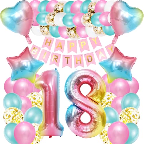 iWheat Luftballon 18. Geburtstag Rosa, Deko 18. Geburtstag Mädchen, Geburtstagsdeko 18 Jahre Mädchen, Riesen Folienballon Zahl 18, Happy Birthday Banner Bunt Folienballon Zahl 18 für Kinder Mädchen von iWheat