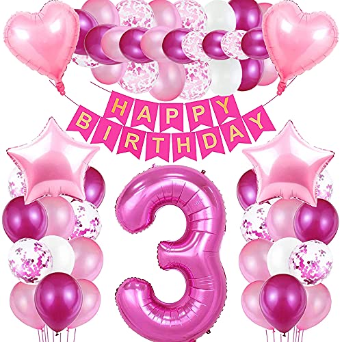 iWheat Luftballon 3 Geburtstag Rosa, Geburtstagsdeko 3 Jahr Mädchen, Riesen Folienballon 3 Rosa, Deko 3 Geburtstag Mädchen, Ballon 3 Deko zum Geburtstag, Folienzahlen Ballons 3, Banner von iWheat