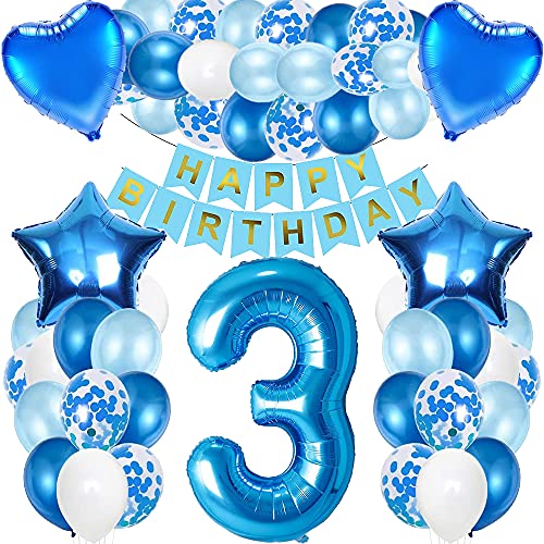 Luftballon 3. Geburtstag Blau, iWheat Deko 3. Geburtstag Junge, Geburtstagsdeko 3 Jahr Junge, Riesen Folienballon Zahl 3, Happy Birthday Banner Folienballon Zahl 3 für Kinder Junge von iWheat