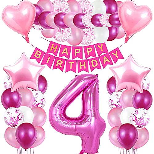 iWheat Luftballon 4 Geburtstag Rosa, Geburtstagsdeko 4 Jahr Mädchen, Riesen Folienballon 4 Rosa, Deko 4 Geburtstag Mädchen, Ballon 4 Deko zum Geburtstag, Folienzahlen Ballons 4, Banner von iWheat