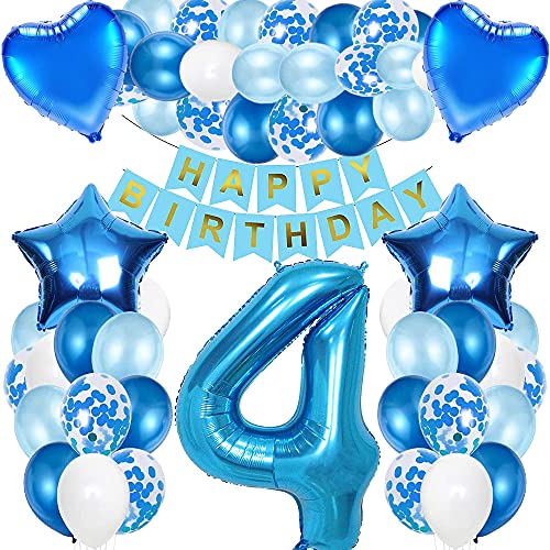 iWheat Luftballon 4. Geburtstag Blau, Deko 4. Geburtstag Junge, Geburtstagsdeko 4 Jahr Junge, Riesen Folienballon Zahl 4, Happy Birthday Banner Folienballon Zahl 4 für Kinder Junge von iWheat