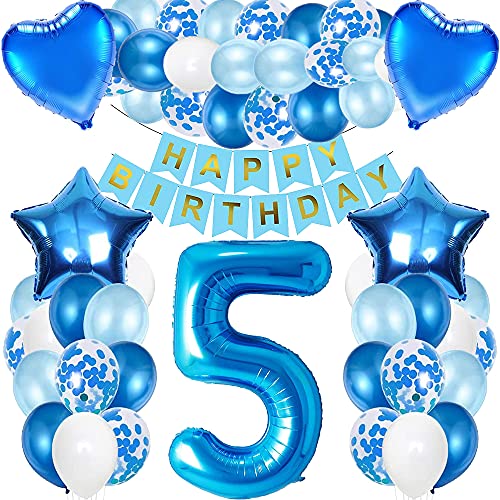 iWheat Luftballon 5. Geburtstag Blau, Deko 5. Geburtstag Junge, Geburtstagsdeko 5 Jahr Junge, Riesen Folienballon Zahl 5, Happy Birthday Banner Folienballon Zahl 5 für Kinder Junge von iWheat