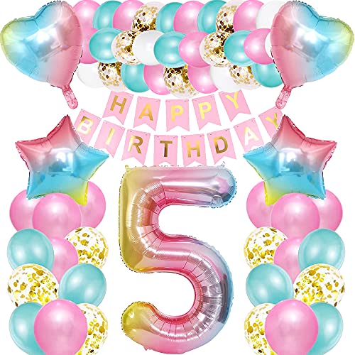 iWheat Luftballon 5. Geburtstag Rosa, Deko 5. Geburtstag Mädchen, Geburtstagsdeko 5 Jahre Mädchen, Riesen Folienballon Zahl 5, Happy Birthday Banner Bunt Folienballon Zahl 5 für Kinder Mädchen von iWheat