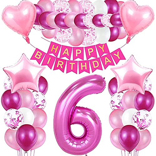 iWheat Luftballon 6 Geburtstag Rosa, Geburtstagsdeko 6 Jahr Mädchen, Riesen Folienballon 6 Rosa, Deko 6 Geburtstag Mädchen, Ballon 6 Deko zum Geburtstag, Folienzahlen Ballons 6, Banner von iWheat