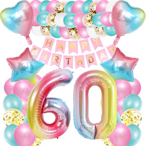 iWheat Luftballon 60. Geburtstag Rosa, Deko 60. Geburtstag Mädchen, Geburtstagsdeko 60 Jahre Mädchen, Riesen Folienballon Zahl 60, Happy Birthday Banner Bunt Folienballon Zahl 60 für Kinder Mädchen von iWheat