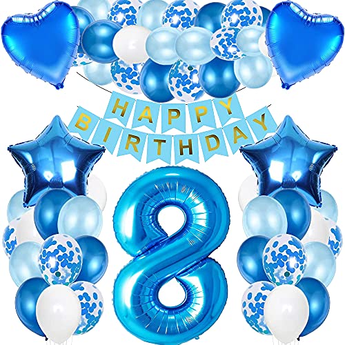 iWheat Luftballon 8. Geburtstag Blau, Deko 8. Geburtstag Junge, Geburtstagsdeko 8 Jahr Junge, Riesen Folienballon Zahl 8, Happy Birthday Banner Folienballon Zahl 8 für Kinder Junge von iWheat