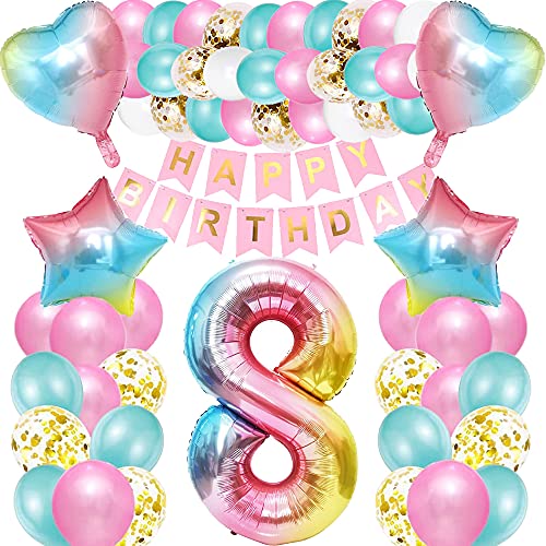 iWheat Luftballon 8. Geburtstag Rosa, Deko 8. Geburtstag Mädchen, Geburtstagsdeko 8 Jahre Mädchen, Riesen Folienballon Zahl 8, Happy Birthday Banner Bunt Folienballon Zahl 8 für Kinder Mädchen von iWheat