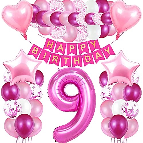 iWheat Luftballon 9 Geburtstag Rosa, Geburtstagsdeko 9 Jahr Mädchen, Riesen Folienballon 9 Rosa, Deko 9 Geburtstag Mädchen, Ballon 9 Deko zum Geburtstag, Folienzahlen Ballons 9, Banner von iWheat