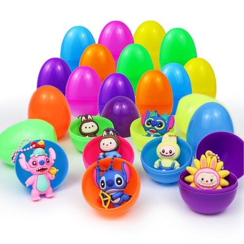 iWinvi 12 Stück Gefüllte Ostereier Kinder mit 12 Mini Cartoon Figuren Schlüsselanhänger, Ostern Schlüsselkette Spielzeug Plastikeier zum Befüllen Befüllbare Ostergeschenke Baster Filler Stuffer von iWinvi