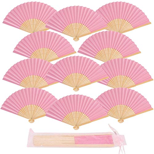 iZoeL 12 STK Handfächer Fächer Hochzeit Papierfächer Hochzeitsfächer Taschenfächer Faltfächer Gastgeschenk für Hochzeit Sommer Party mit Beutel (Pink) von iZoeL