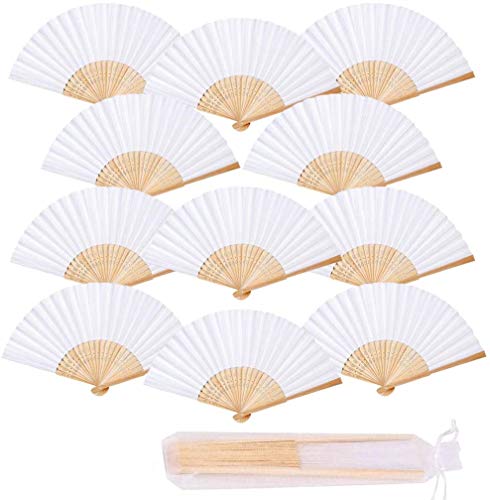iZoeL 12 STK Handfächer Weiß Fächer Hochzeit Papierfächer Hochzeitsfächer Taschenfächer Faltfächer Gastgeschenk für Hochzeit Sommer Party mit Beutel(Weiß) von iZoeL