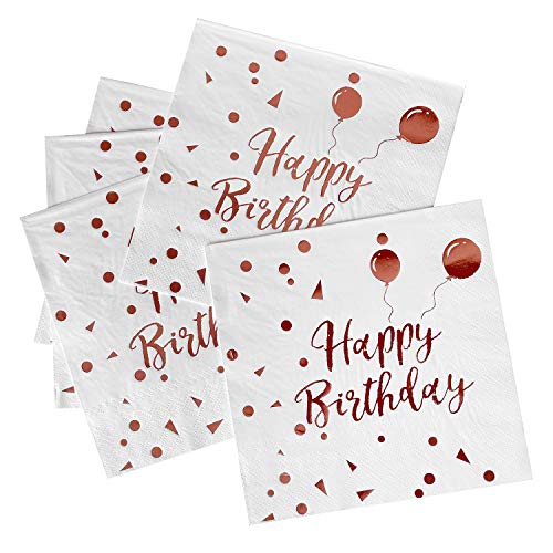 iZoeL 50Stk Geburtstag Servietten Gold Happy Birthday Servietten 33x33cm 3-lagig Pink Papierservietten für Mann Frau Mädchen Party Deko (Rose Gold Happy Birthday) (Weiß+Rosegold HB) von iZoeL