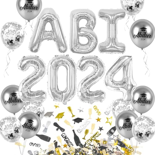iZoeL Abitur 2024 Deko, ABI 2024 Folienballons, ABI Luftballon, ABI Konfetti Tischdeko, Abschluss Abschlussfeier ABI Schulabschluss Dekoration 2024 (Silber ABI) von iZoeL