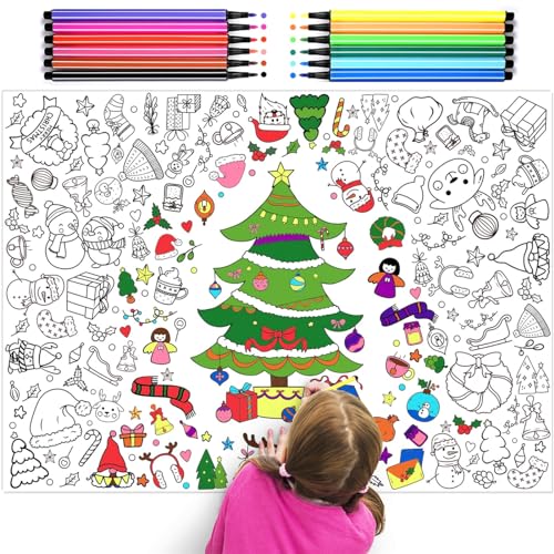 iZoeL Ausmaltischdecke Papier +12 Farbstifte, Papier Tischdecke Ausmalen Weihnachtsbaum, Weihnachtsmütze Motiven, Weihnachten Geschenk für Kinder Jungen Mädchen von iZoeL