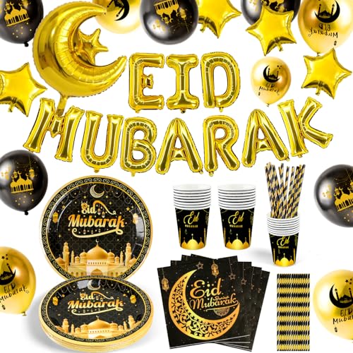 iZoeL Eid Mubarak Dekoration, Eid Partydeko Partygeschirr Partyteller Becher Strohhalme Eid Mubarak Girlande Luftballons Mond-Sterne Folienballon mit Eid Mubarak Karten von iZoeL