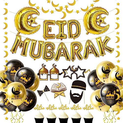 iZoeL Eid Mubarak Dekoration Gold, Eid Mubarak Folienballon Girlande, Mond Sterne Banner; Party Fotorequisiten, Mond Stern Folienballon, Eid Ramadan Luftballon, Eid Mubarak Cake Topper Tischdeko von iZoeL