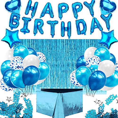 iZoeL Geburtstagsdeko Jungen Mann Happy Birthday Girlande Folienballon 24 Konfetti Luftballons Party Tischdecke Blau Glitzer Vorhang Tisch Konfetti für Mädchen Frau von iZoeL