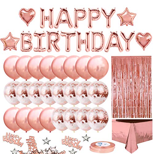 iZoeL Geburtstag Deko Rosegold Geburtstagsdeko Frauen Mädchen Happy Birthday Girlande Konfetti Luftballon Rosagold Partydeko Tischdeko Vorhang Tischdecke von iZoeL