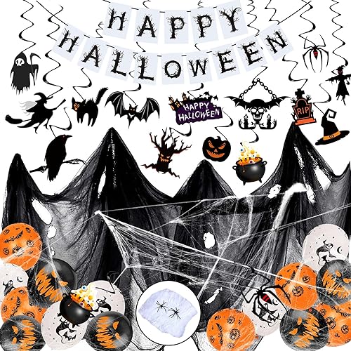 iZoeL Halloween Deko Set, Gruselig Party Stoff, Spiralen Deckendeko, Horror HAPPY HALLOWEEN Girlande, Halloween Latexballons,Mini Spinnen,Spinnennetz Indoor Garten Halloween Dekoration Partydeko iZoeL Halloween Deko Set, Gruselig Party Stoff, Spiralen Deckendeko, Horror HAPPY HALLOWEEN Girlande, Halloween Latexballons,Mini Spinnen,Spinnennetz Indoor Garten Halloween Dekoration Partydeko von iZoeL