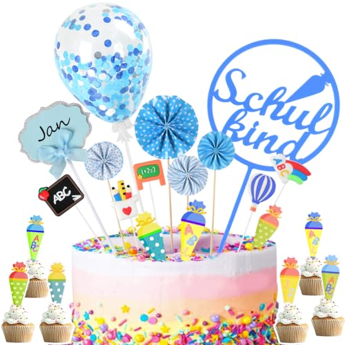 iZoeL Kuchendeko Schulanfang Jungen Schulkind Tortendeko Einschulung Zuckertüte Cake Topper Konfetti Ballon Papierfächer ABC 123 Torten Cupcake Muffin Deko Tortenaufsätze von iZoeL