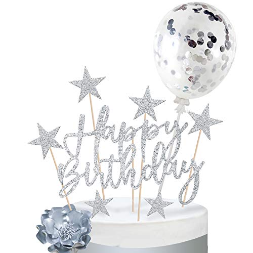 iZoeL Kuchendeko Silber Happy Birthday Sterne Topper Konfetti Luftballon Tortendeko Geburtstagsdeko Mädchen Frauen Jungen Mann von iZoeL