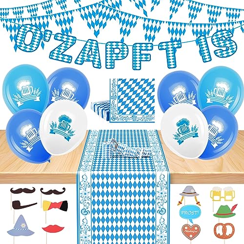 iZoeL Oktoberfest deko Set, "O’ZAPFT IS " Girlande + Wimpelkette + 10m Tischläufer + 20 Servietten + 12 XXL Bedruckte Latex-luftballons +12 Foto-Requisiten-Set + Luftschlangen + Farbband von iZoeL