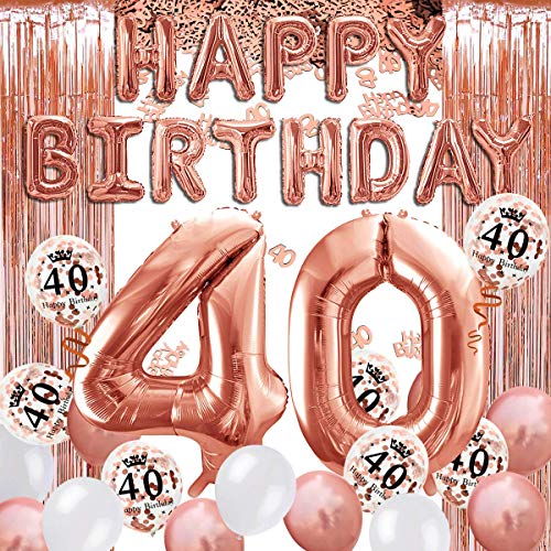 iZoeL 40 Geburtstag Deko Frauen Rosegold 40 Luftabllon 40 Ballons Geburtstagsdeko Happy Birthday Girlande Tisch Deko Konfetti Vorhänge von iZoeL