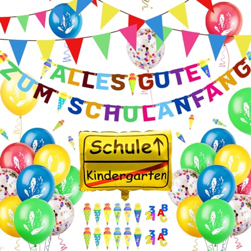 iZoeL Schulanfang Deko Jungen Mädchen, Einschulung Girlande Alles Gute Zum Schulanfang + 40m Wimpelkette + Einschulung Luftballon + Einschulung Konfetti + Folienballon Schuleinführung Einschulung deko von iZoeL