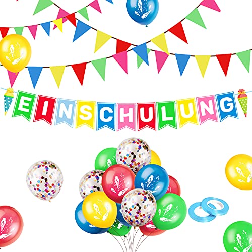 iZoeL Schulanfang Einschulung Schuleinführung Deko Alles Gute Zum Schulanfang Girlande + Zucketüte Banner + 15 Konfetti Luftballon für Junge Mädchen (Bunte Einschulung) von iZoeL