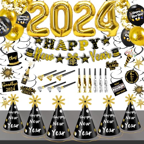 iZoeL Silvester Deko 2024 Ballon Happy New Year Deko Girlande Spiral Silvesterdekoration Tischdeko Konfetti Neujahr Partydeko Schwarz Gold von iZoeL
