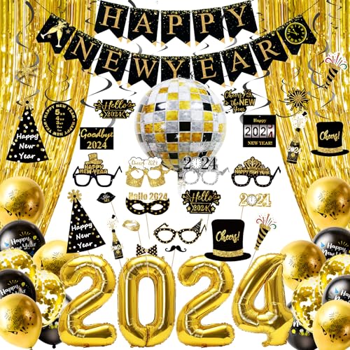 iZoeL Silvester Deko 2024 Silvesterparty Dekoration Set, Happy New Year Girlande, Spiral Deckendeko, Foto Requisite, Glitzer Vorhang, Luftballons zur Silvesterdeko, Konfetti Ballons schwarz Gold von iZoeL