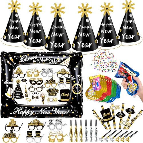 iZoeL Silvester Deko 2025 Party Set Neujahr Partyhüte Silvesterparty Fotorequisiten Konfettikanone Party Trinkhalme Feier Partytröten Schwarz Gold deko iZoeL Silvester Deko 2025 Party Set Neujahr Partyhüte Silvesterparty Fotorequisiten Konfettikanone Party Trinkhalme Feier Partytröten Schwarz Gold deko von iZoeL