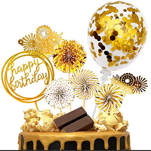 iZoeL Tortendeko Gold Happy Birthday Topper Golden Konfetti Luftballon Feuerwerk Papierfächer Kuchendeko Geburtstagstorte von iZoeL