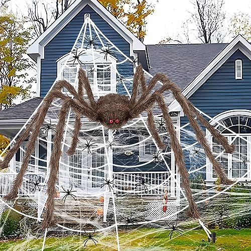 iZoeL XXL Halloween Deko 700cm Riesige Spinnennetz+ 200cm Graue Spinne +Spinnweben+ 30 Mini Spinne, Halloween Garten Deko Außendekoration Riesenspinne(Braun) von iZoeL