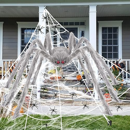 iZoeL XXL Halloween Deko 700cm Riesige Spinnennetz+ 200cm Graue Spinne +Spinnweben+ 30 Mini Spinne, Halloween Garten Deko Außendekoration Riesenspinne von iZoeL