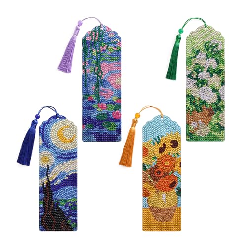 icceemee e 4 Stück Van Gogh und Monet Ölgemälde Themen Diamant Malerei Lesezeichen DIY Diamant Kunst Kits für Erwachsene Buchecke Schutz Lesezeichen Bastelbedarf Kits für Buchliebhaber von icceemee