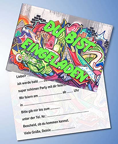 ich Einladungskarten 10er Set + 10 Umschläge Kindergeburtstag kompatibel mit Graffiti, Format DIN A6 (Postkarte 148 x 105 mm), 0016 von ich