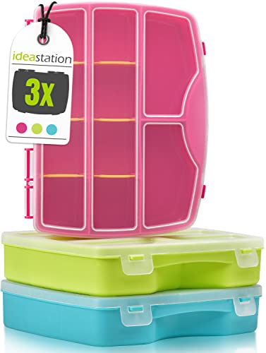 idea-station Sortierkasten 3 Stück / 19 x 15 cm - bunt - Organizer Box mit transparentem Deckel - Sortierboxen für Kleinteile, Bastel-Material, Bügelperlen, Schrauben, Spielzeug von idea-station