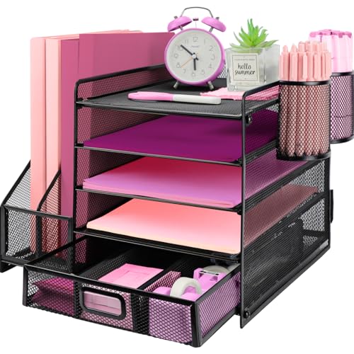 ideallife Schreibtisch Organizer Ablage aus Metall, 5 Ebenen Papier Briefablage mit Aktenhalter, Mesh Schreibtisch Akten Organizer mit Zeitschriftenhalter für Büro Dokumentenablage (Schwarz) von ideallife