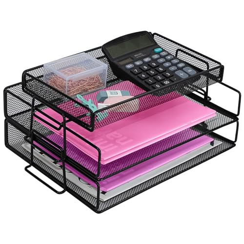 ideallife Schreibtisch Organizer mit Dokumentenablage, 2 Stück Briefablage Metall Stapelbar mit Oberes Tablett, Schreibtischablage für A4 Papier, Bürobedarf von ideallife