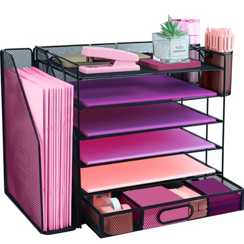 ideallife Schreibtisch-Organizer und Zubehör mit Aktenhalter, 6-stöckiger Papier-Briefablage, Organizer mit Schublade und 2 Stifthaltern, Netzstoff, Schreibtisch-Organizer für Bürobedarf, Arbeitsplatz von ideallife