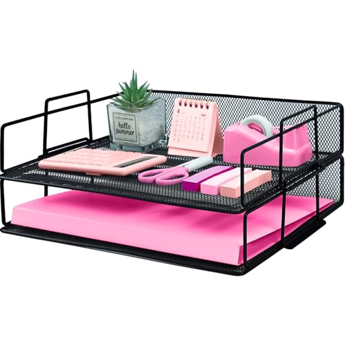 ideallife Stapelbare Briefablage aus Metall, Schwarz Schreibtisch Organizer mit 2 Dokumentenablage, Mesh Schreibtischablage für A4 Dokument, Büroablage, Postkörbe von ideallife