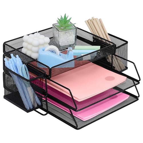 ideallife Stapelbare Briefablage aus Metall, Schwarz Schreibtisch Organizer mit 2 Dokumentenablage und 2 Stiftehalter, Mesh Schreibtischablage für A4 Dokument, Büroablage, Postkörbe ideallife Stapelbare Briefablage aus Metall, Schwarz Schreibtisch Organizer mit 2 Dokumentenablage und 2 Stiftehalter, Mesh Schreibtischablage für A4 Dokument, Büroablage, Postkörbe von ideallife