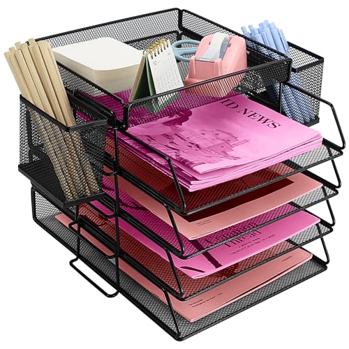 ideallife Stapelbare Briefablage aus Metall, Schwarz Schreibtisch Organizer mit 4 Dokumentenablage und 2 Stiftehalter, Mesh Schreibtischablage für A4 Dokument, Büroablage, Postkörbe von ideallife