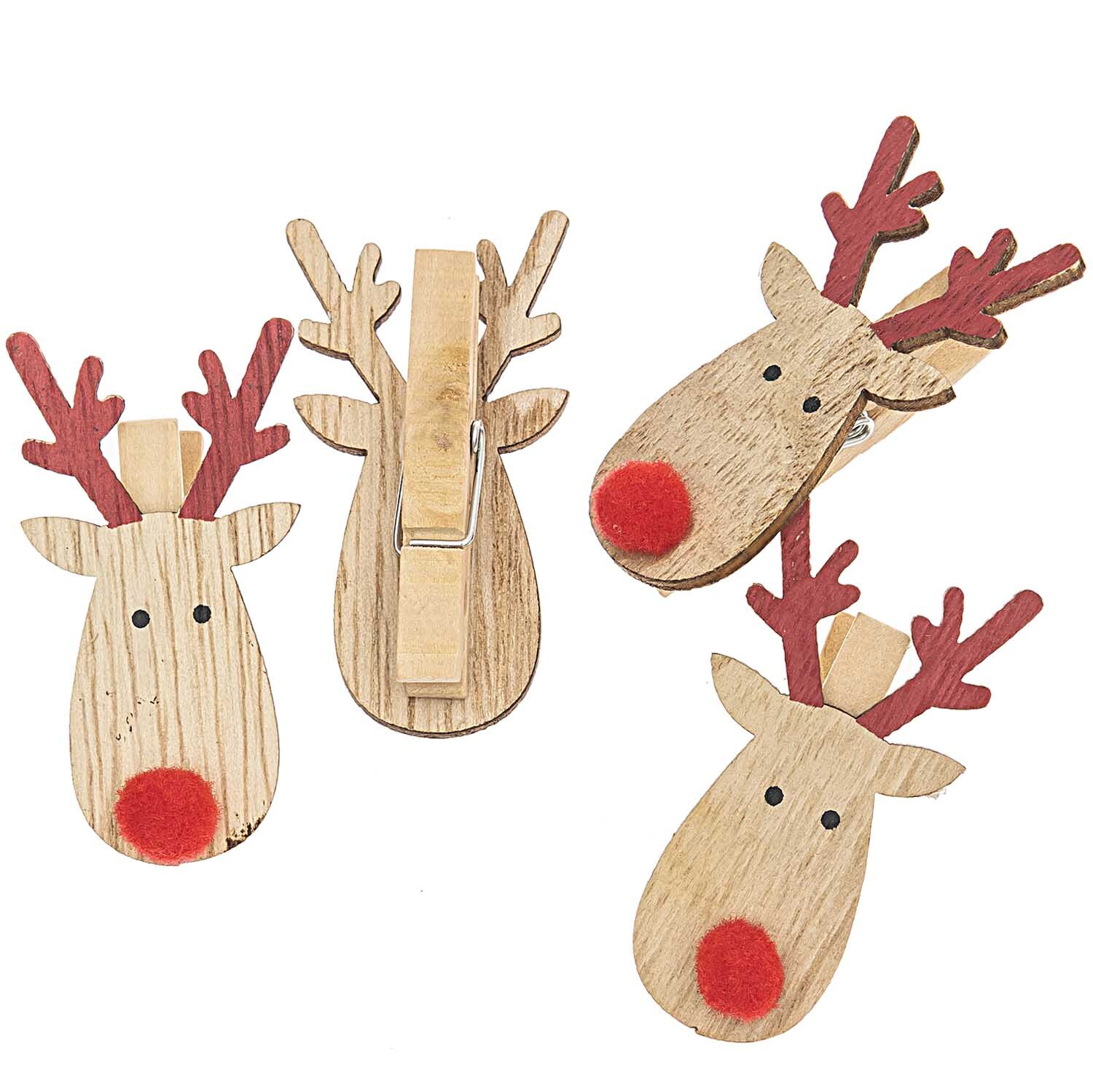 Rentier Rudolph am Clip natur-rot 6x3cm 4 Stück Holz von idee. Creativmarkt