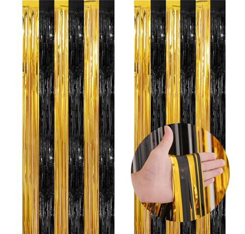 Fransenvorhänge aus schwarzer Goldfolie für Geburtstagsparty, 2 Stück, 1 m x 2,5 m, Schwarz und Gold, Lametta-Luftschlangen, Fransen-Hintergrundvorhänge für Abschlussdekorationen, Babypartys, von iefoah