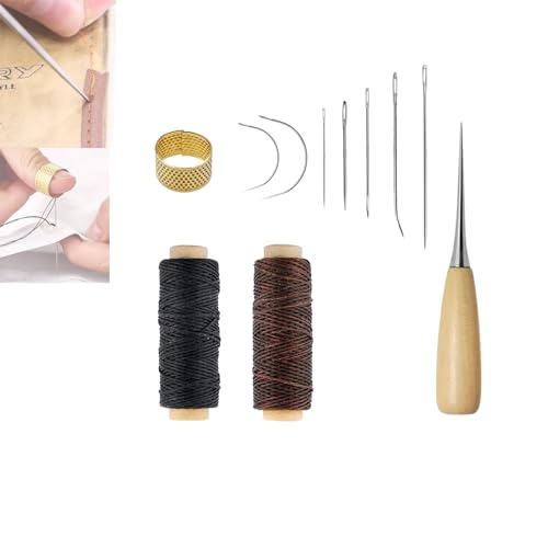 ieron 11-teiliges Leder-Handwerks-Handnähwerkzeug, Nähahle Werkzeug-Reparatur-Set mit gebogenen Polster-Nähnadeln, 12 m, gewachstes Lederfaden, Bohrahle, Fingerhut von Ieron