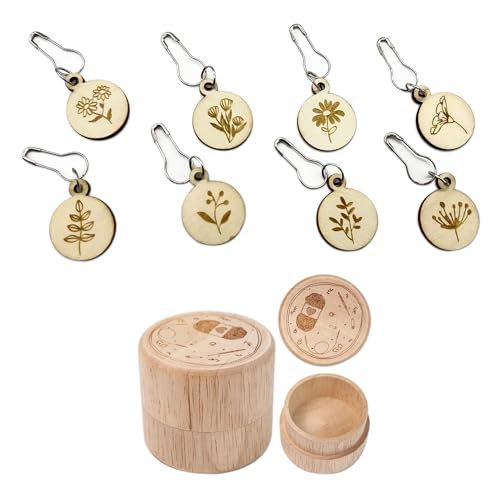 ieron Maschenmarkierer, 8 Stück, Holz-Pflanzenmuster, Charms, Verriegelung, Häkeln mit Aufbewahrungsbox für Heimwerker, Stricken, Weben, Nähen von Ieron