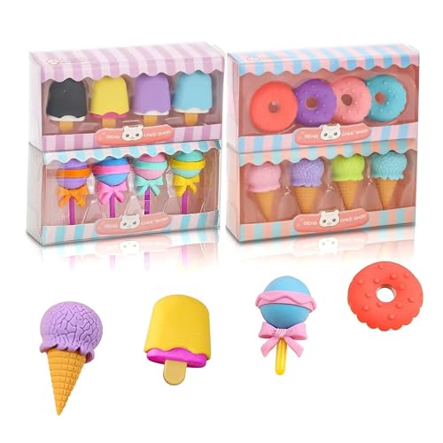 ieron Radiergummi-Set, 4 Stile, 16 Stück, niedlich, niedlich, Mini-Radiergummi, Lollipop/Eis/Donut, kreativer Radiergummi, Schreibwaren, Schule, Bürobedarf, Kindergeburtstagsfeier Gefälligkeiten von ieron