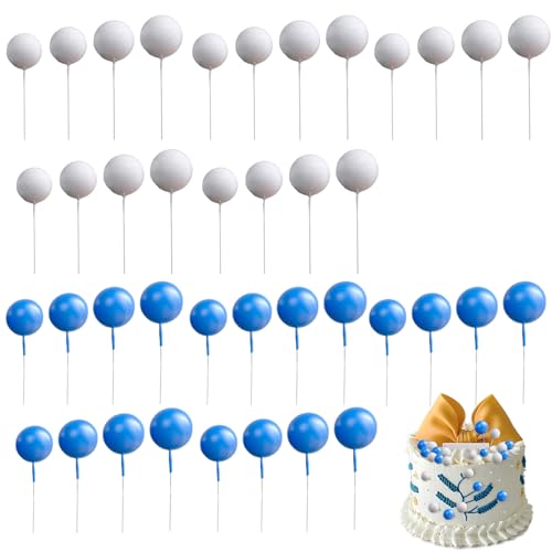 40 Stück Tortendeko Kugeln, Kugeln Cake Topper, Mini Ballon Cupcake Einsatz für Geburtstag Baby Dusche Hochzeit Dekor (Weiß Blau) von iewrtcin